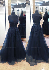 A-line V Neck Sleeveless Chapel Train Tulle Corset Prom Dress With Appliqued Lace outfit, Party Outfit Night
