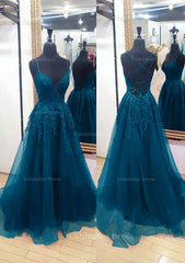 A-line V Neck Sleeveless Chapel Train Tulle Corset Prom Dress With Appliqued Lace outfit, Formal Attire