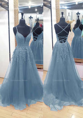 A-line V Neck Sleeveless Chapel Train Tulle Corset Prom Dress With Appliqued Lace outfit, Party Dress Code Man
