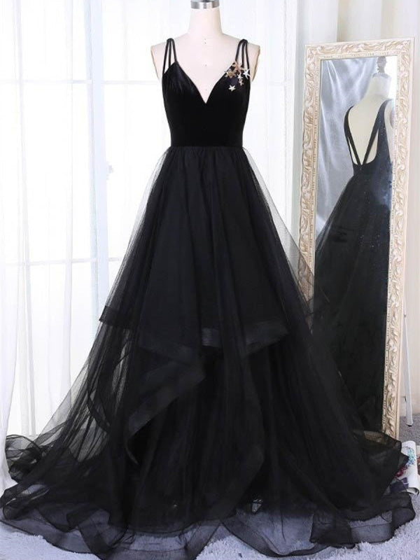 A Line V Neck Tulle Black Corset Ball Gown, Black Prom, Black Formal outfit, Party Dresses For Wedding