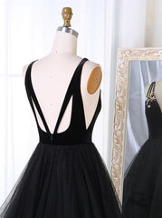 A Line V Neck Tulle Black Corset Ball Gown, Black Prom, Black Formal outfit, Party Dresses For Weddings