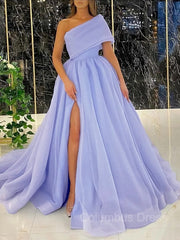 Ball Gown One-Shoulder Sweep Train Organza Corset Prom Dresses With Leg Slit outfit, Homecoming Dress Tight