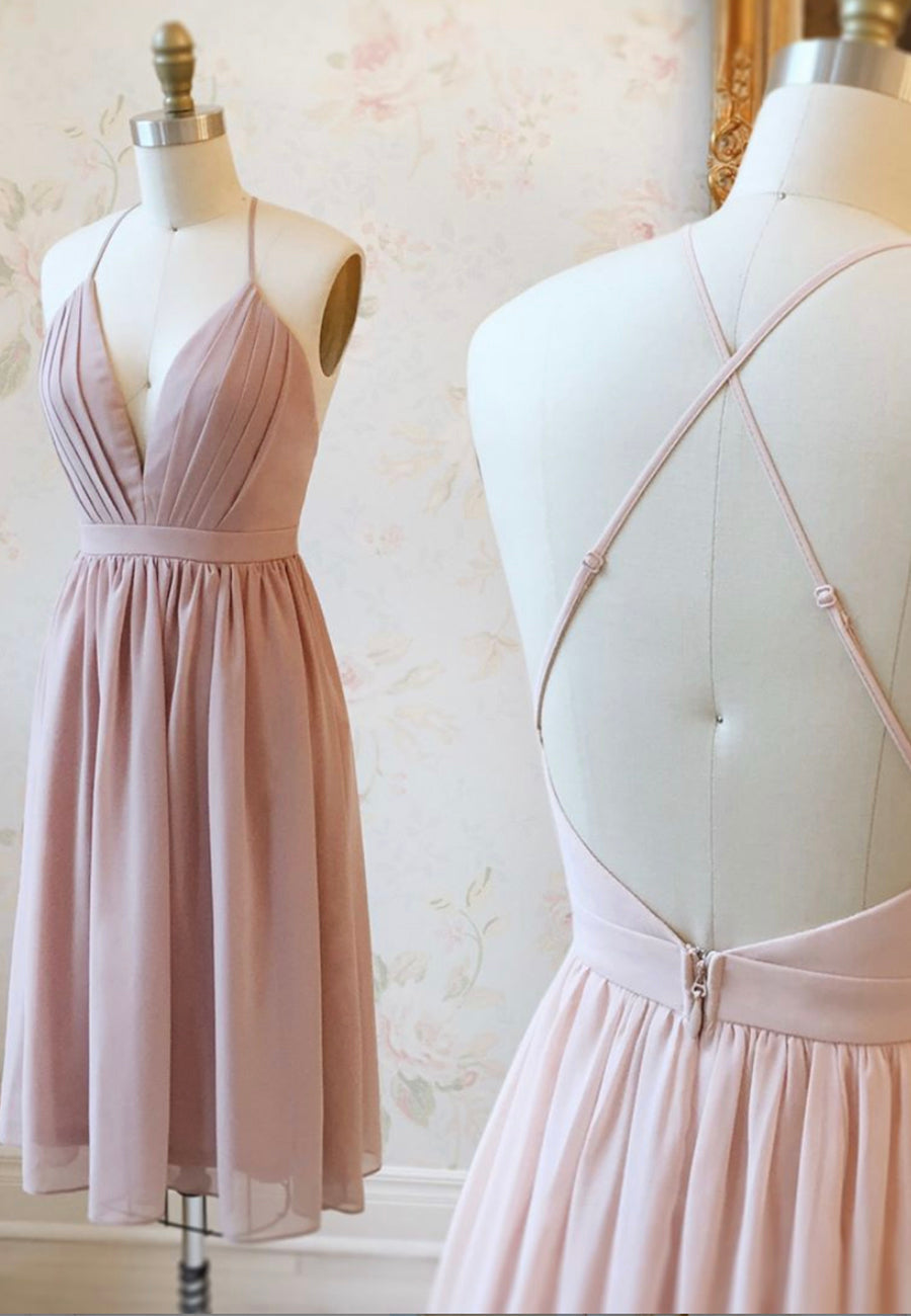 Pink V-Ncek Chiffon Corset Prom Dresses, A-Line Backless Short Dresses outfit, Elegant Wedding Dress
