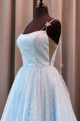 Beautiful Sky Blue Tulle Star A-line Long Corset Prom Dress, Corset Formal Dresses,maxi dresses outfit, Prom Dress Outfit
