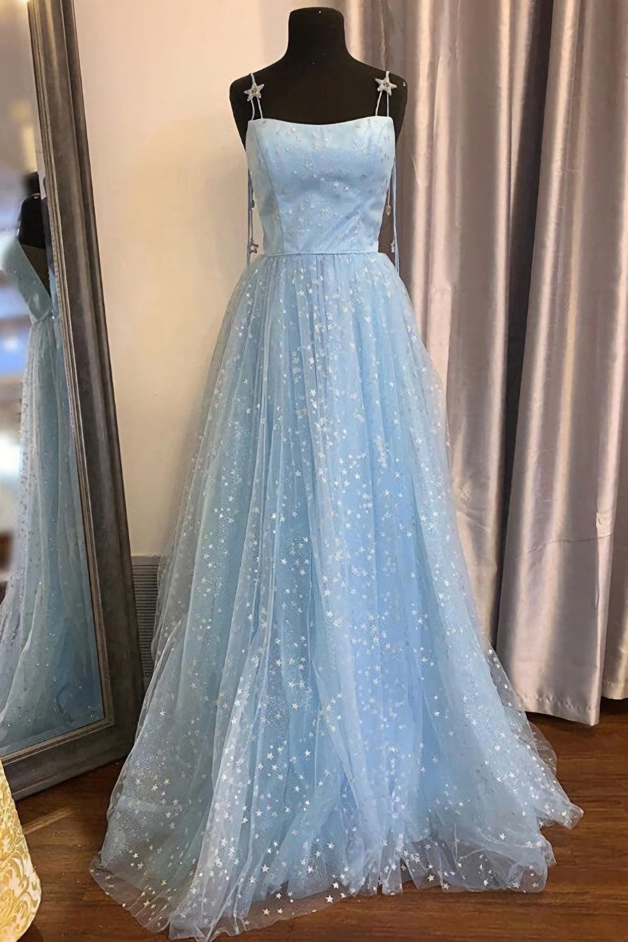 Beautiful Sky Blue Tulle Star A-line Long Corset Prom Dress, Corset Formal Dresses,maxi dresses outfit, Prom Dress Outfits