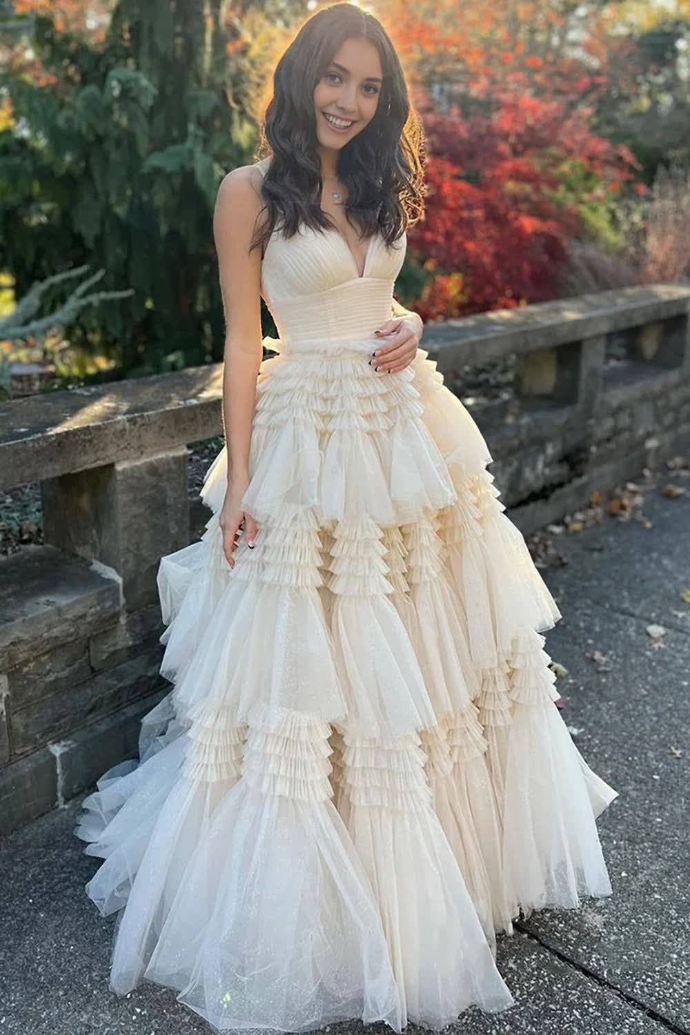 Beige Tulle Tiered Spaghetti Straps Long Corset Prom Dress with Slit Gowns, Beige Tulle Tiered Spaghetti Straps Long Prom Dress with Slit