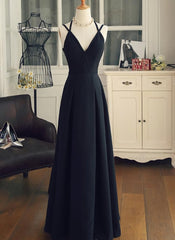 Black Chiffon Straps Long A-line Junior Corset Prom Dress, Black Party Gowns Outfits, Prom Dresses Gowns