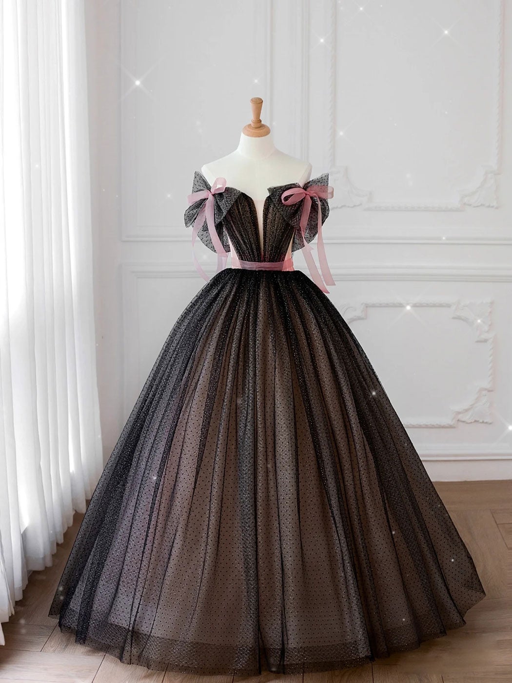 Black off shoulder tulle long Corset Prom dress, black tulle Corset Formal dress outfit, Prom Dresses Websites