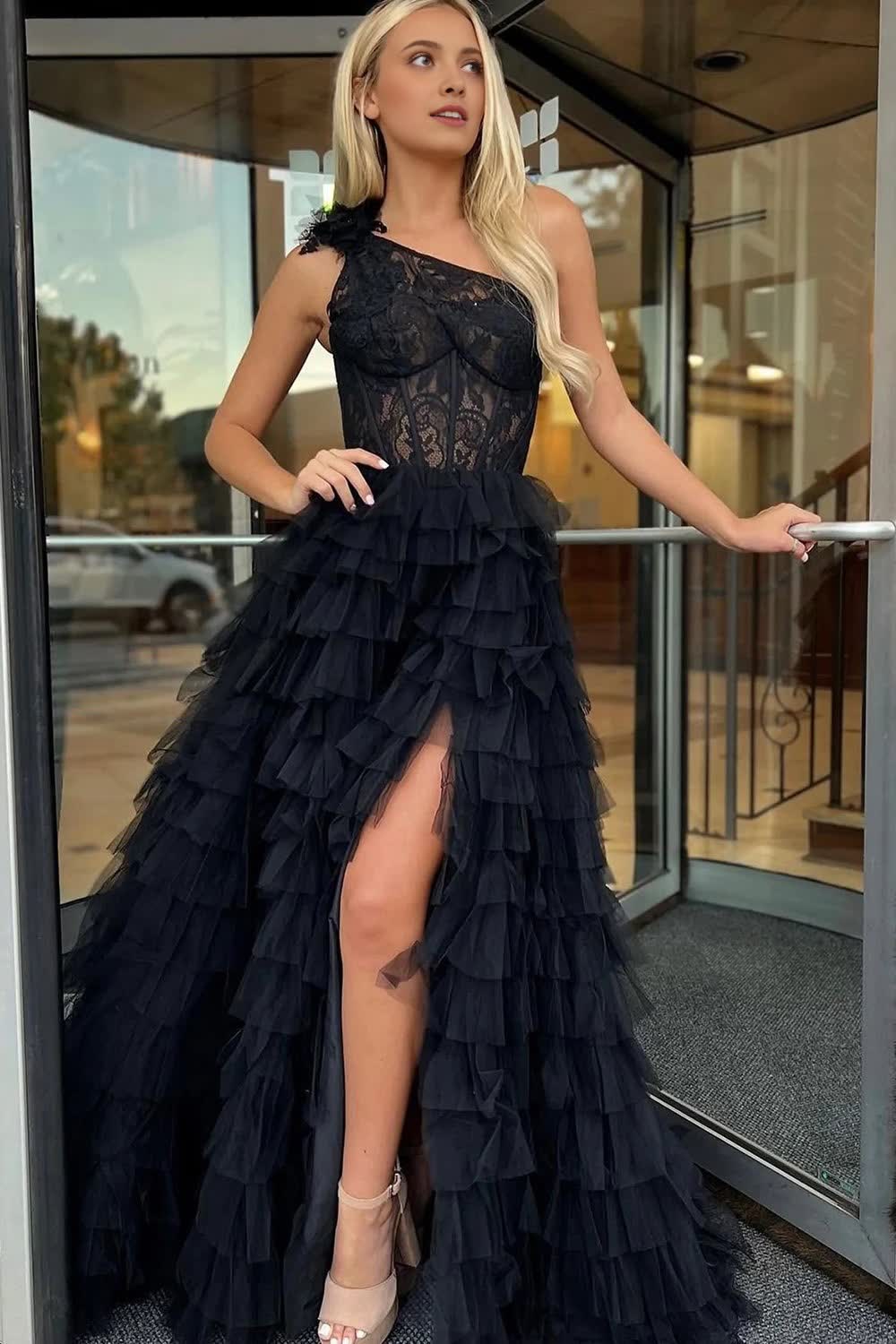 Black One Shoulder Corset Tiered Long Corset Prom Dress with Ruffles Gowns, Black One Shoulder Corset Tiered Long Prom Dress with Ruffles