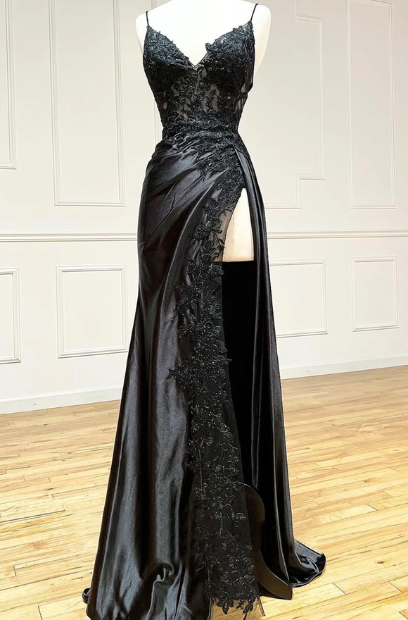 Black Spaghetti Straps Lace Appliques Corset Prom Dress with Slit Gowns, Wedding Decor