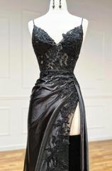 Black Spaghetti Straps Lace Appliques Corset Prom Dress with Slit Gowns, Bridesmaid Dresses Purple