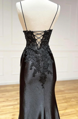 Black Spaghetti Straps Lace Appliques Corset Prom Dress with Slit Gowns, Long Sleeve Wedding Dress