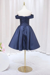 Blue Knee Length Satin Short Corset Prom Dress, Off the Shoulder Blue Corset Homecoming Dress outfit, Wedding Guest Dress