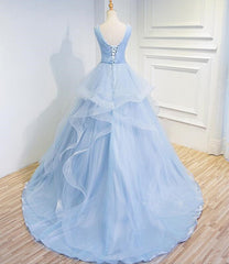 Blue Corset Prom Dresses V-neck Corset Ball Gown Sweep Train Party Dress, Sweet 16 Gown outfit, Formal Dresses Over 58