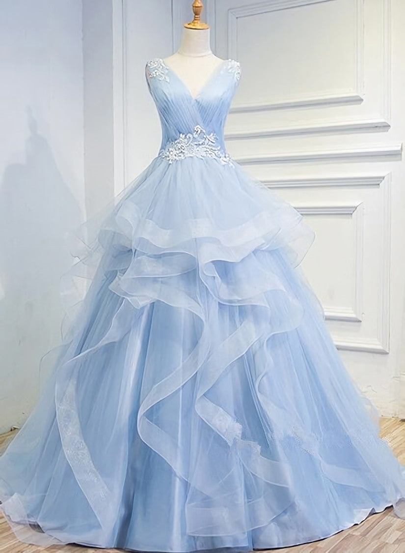 Blue Corset Prom Dresses V-neck Corset Ball Gown Sweep Train Party Dress, Sweet 16 Gown outfit, Formal Dresses Wedding Guest