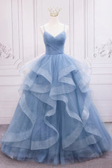 Blue Tulle Layers Long Party Dress Corset Prom Dress, Sweet 16 Dresses outfit, Homecoming Dresses Sparkles