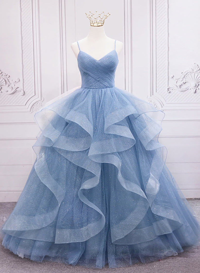 Blue Tulle Layers Long Party Dress Corset Prom Dress, Sweet 16 Dresses outfit, Homecoming Dress Sparkle