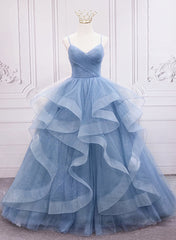 Blue Tulle Layers Long Party Dress Corset Prom Dress, Sweet 16 Dresses outfit, Homecoming Dress Sparkle