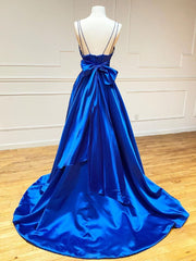 Blue v neck satin long Corset Prom dress, blue evening dress outfit, Prom Dresses For Girl