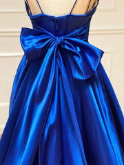 Blue v neck satin long Corset Prom dress, blue evening dress outfit, Prom Dress Stores