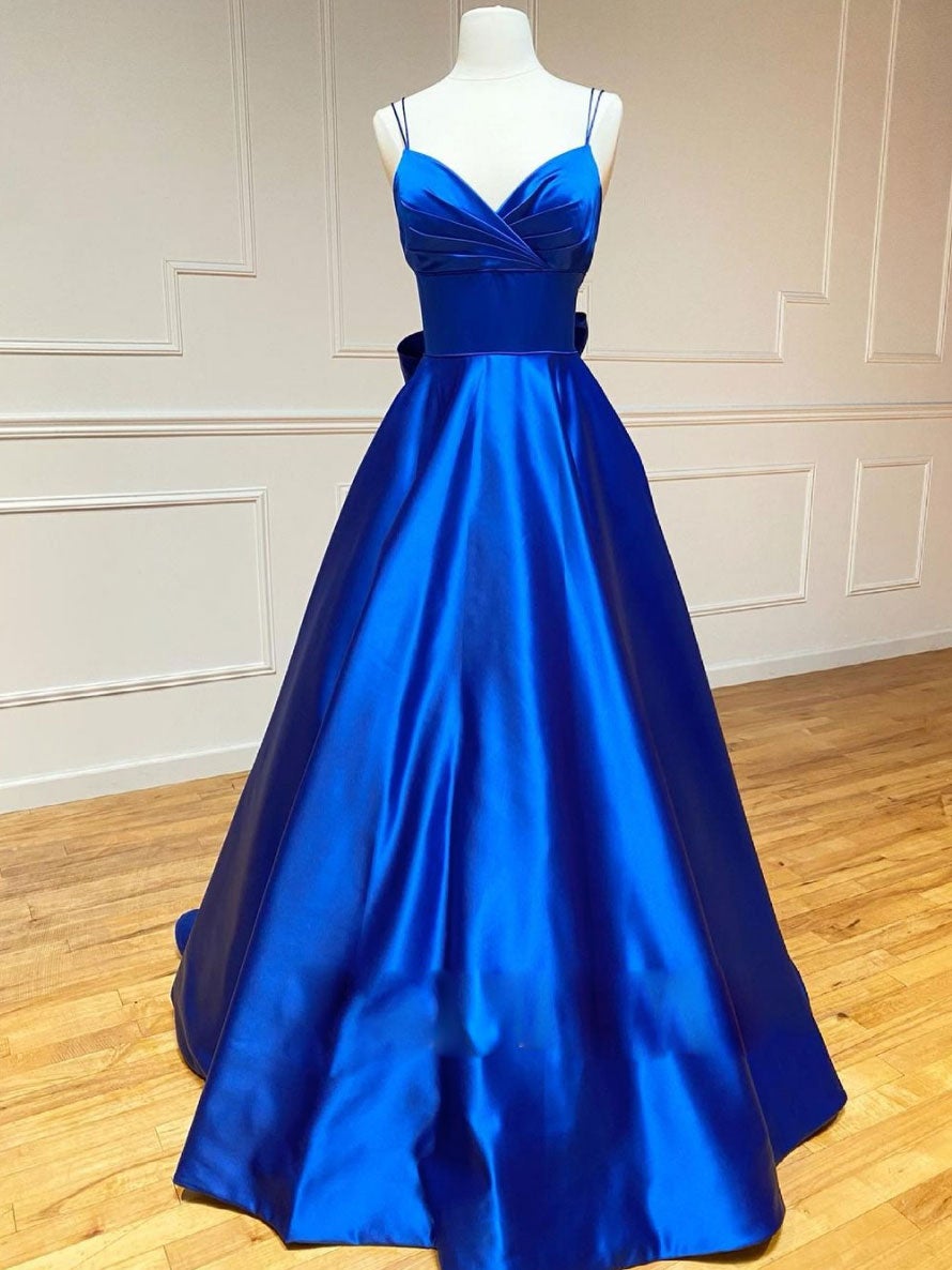 Blue v neck satin long Corset Prom dress, blue evening dress outfit, Prom Dresses For Girls