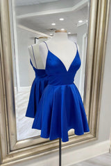 Blue V-Neck Satin Short Corset Prom Dress,A-Line Cocktail Dresses Short Formal outfit, Bridesmaid Dresses Photos Gallery