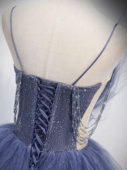 Blue v neck tulle sequin long Corset Prom dress, blue evening dress outfit, Prom Dresses Designs