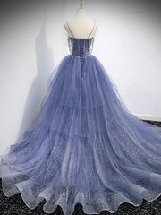 Blue v neck tulle sequin long Corset Prom dress, blue evening dress outfit, Prom Dress Designs
