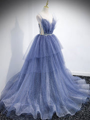 Blue v neck tulle sequin long Corset Prom dress, blue evening dress outfit, Prom Dresses Website