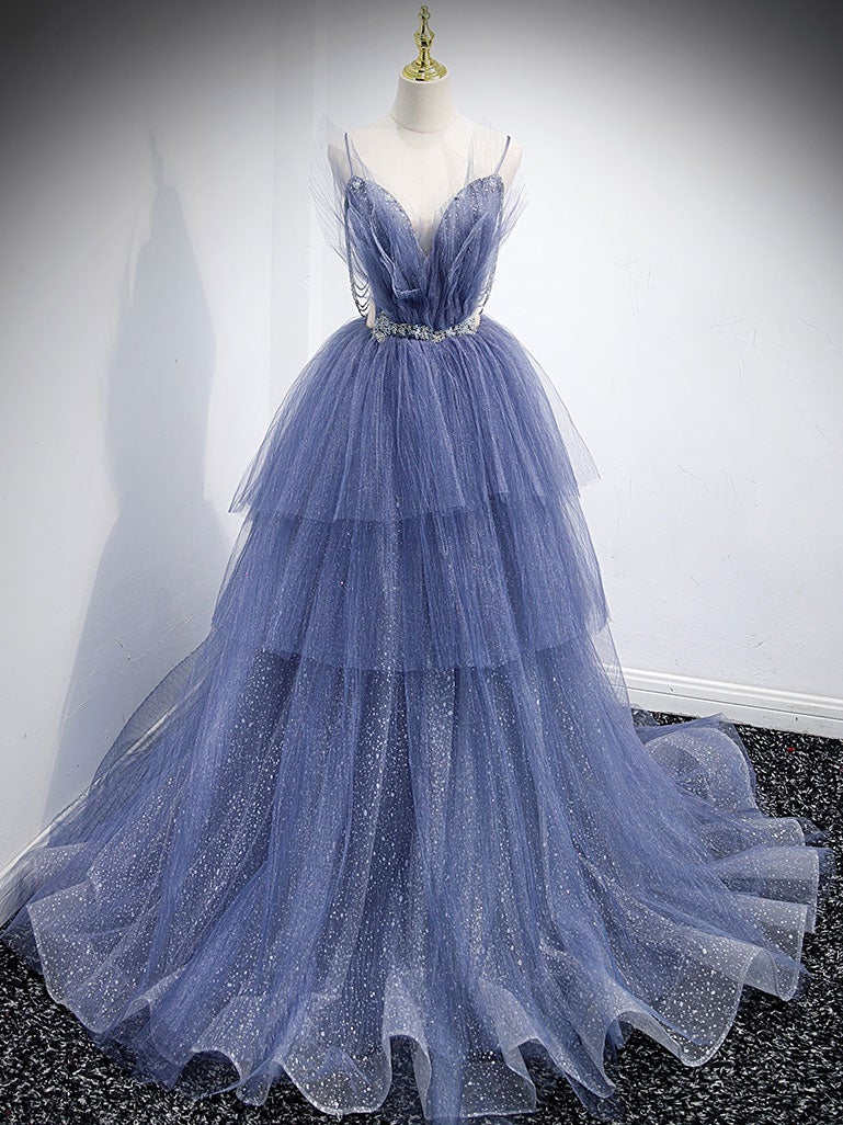 Blue v neck tulle sequin long Corset Prom dress, blue evening dress outfit, Prom Dresses Designers