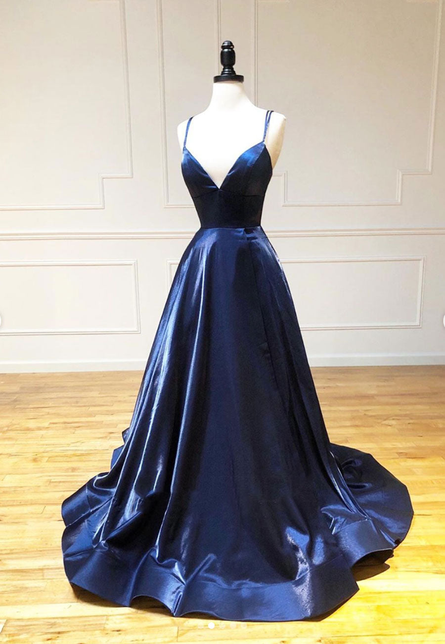 Simple Satin Long Corset Prom Dresses, A Line Blue Evening Dresses outfit, Party Dresses Ideas