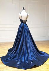 Simple Satin Long Corset Prom Dresses, A Line Blue Evening Dresses outfit, Party Dress A Line