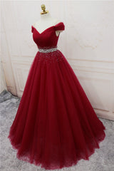 Burgundy Long Tulle Off Shoulder Corset Prom Dress , Junior Corset Prom Dresses outfit, Prom Dress Fabric