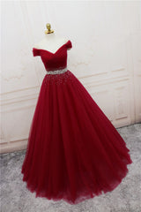 Burgundy Long Tulle Off Shoulder Corset Prom Dress , Junior Corset Prom Dresses outfit, Prom Dress Boutiques