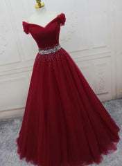 Burgundy Long Tulle Off Shoulder Corset Prom Dress , Junior Corset Prom Dresses outfit, Prom Dress Idea