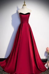 Burgundy Satin Long Corset Prom Dress, Simple A-Line Evening Party Dress Outfits, Party Dresses Classy Christmas