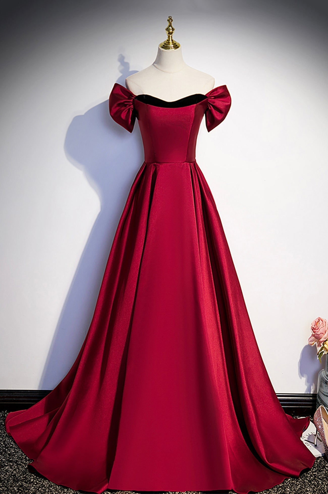 Burgundy Satin Long Corset Prom Dress, Simple A-Line Evening Party Dress Outfits, Party Dress For Christmas