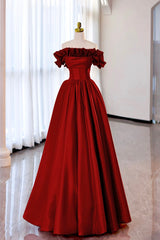 Burgundy Strapless Satin Long Corset Prom Dress, A-Line Evening Party Dress Outfits, Prom Dresses 09