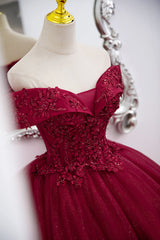 Burgundy Sweetheart Flowers Sequins Lace Party Dress, Long Corset Formal Dress Corset Prom Dress outfits, Evening Dress Cheap