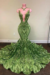 Exquisite Green V-neck Sequins Sleeveless Floor-length Mermaid Corset Prom Dresses outfit, Prom Dresses Modest