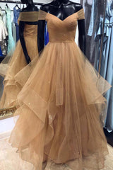 Champagne Off Shoulder Long Corset Prom Dress with Layered Skirt outfit, Bridesmaid Dresses Pink