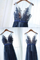 Charming Blue Lace Applique Corset Prom Dress, A-line Blue Corset Bridesmaid Dress outfit, Evening Dress Sleeves