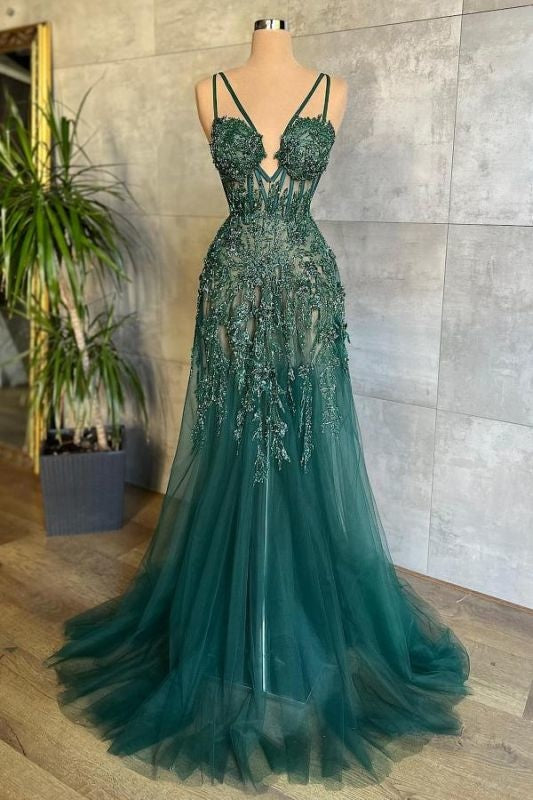 Charming Dark Green Tulle Long Evening Dress Sweetheart Sleeveless Corset Formal Corset Prom Dress outfits, Party Dresses Weddings