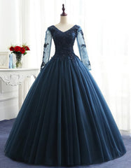 Charming Long Sleeves Navy Blue Tulle Party Gown, Navy Blue Corset Prom Dress outfits, Formal Dress For Girls