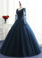 Charming Long Sleeves Navy Blue Tulle Party Gown, Navy Blue Corset Prom Dress outfits, Formal Dresses For Girls