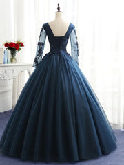 Charming Long Sleeves Navy Blue Tulle Party Gown, Navy Blue Corset Prom Dress outfits, Formal Dresses With Sleeves For Weddings