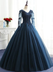 Charming Long Sleeves Navy Blue Tulle Party Gown, Navy Blue Corset Prom Dress outfits, Formal Dresses For Fall Wedding