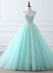 Charming Mint Green Tulle Corset Ball Gown Sweet 16 Dress, Lace Applique Corset Prom Dress outfits, Long Sleeve Prom Dress