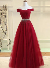 Charming Off Shoulder Tulle Beaded Corset Prom Gown, Wine Red Long Junior Corset Prom Dress outfits, Prom Dress For Girl