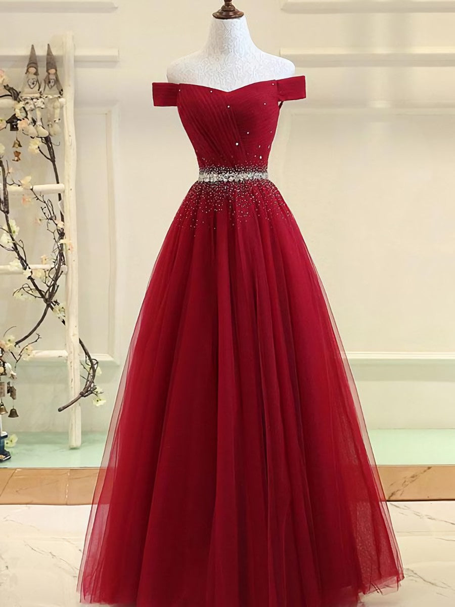 Charming Off Shoulder Tulle Beaded Corset Prom Gown, Wine Red Long Junior Corset Prom Dress outfits, Prom Dress For Short Girl